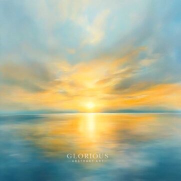 Golden sunrise abstract seascape painting with calm water reflection in blue and yellow tones – peaceful coastal wall art.