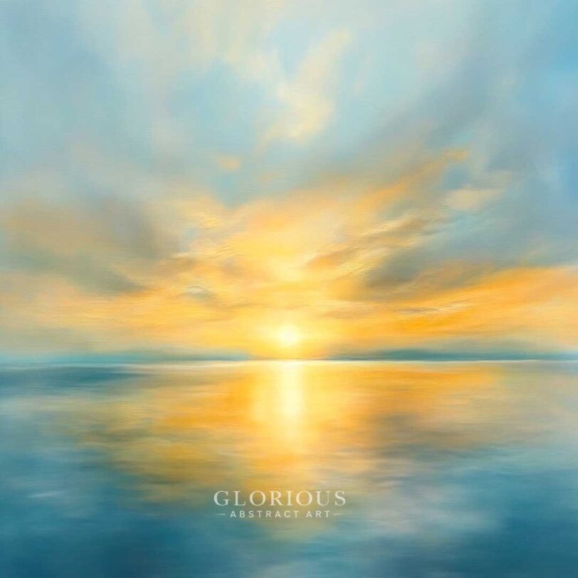Golden sunrise abstract seascape painting with calm water reflection in blue and yellow tones – peaceful coastal wall art.