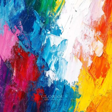 Vibrant abstract painting with bold brush strokes in rainbow colors – red, blue, yellow, green, and white texture art.