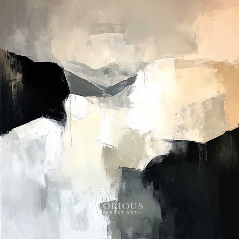 Minimalist abstract landscape painting in black, grey, beige, and white – modern neutral wall art with soft mountain forms.