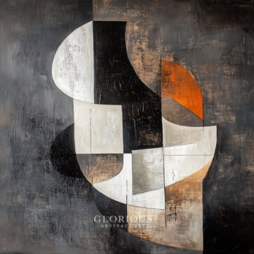 Modern geometric abstract painting in black, white, rust orange and gray tones with curved and block forms – contemporary wall art