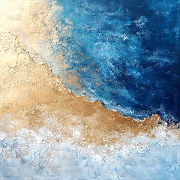 Abstract beach and ocean painting with textured gold sand and deep blue water blending together