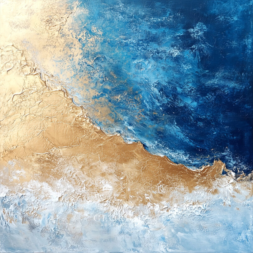 Abstract beach and ocean painting with textured gold sand and deep blue water blending together
