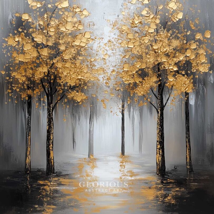 Golden Forest Dream – Metallic Trees in Monochrome Mist