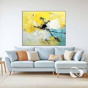 Bold abstract textured painting in vibrant yellow and blue tones.