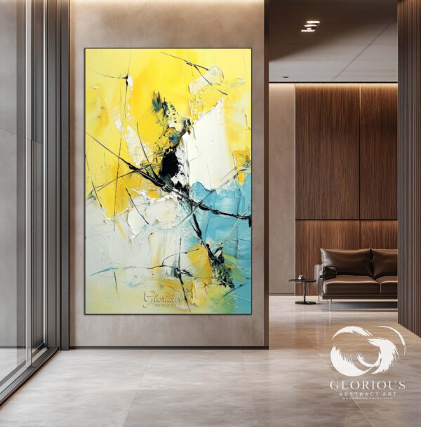 Large impasto wall art featuring dynamic strokes in yellow and blue.