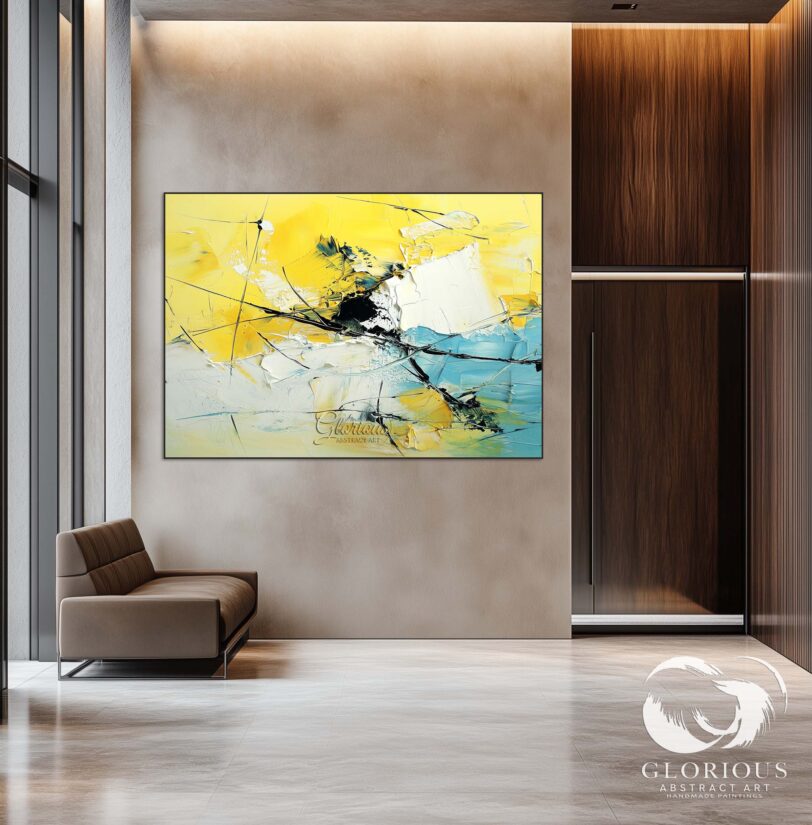 Abstract painting with bold yellow and black highlights on a textured canvas.