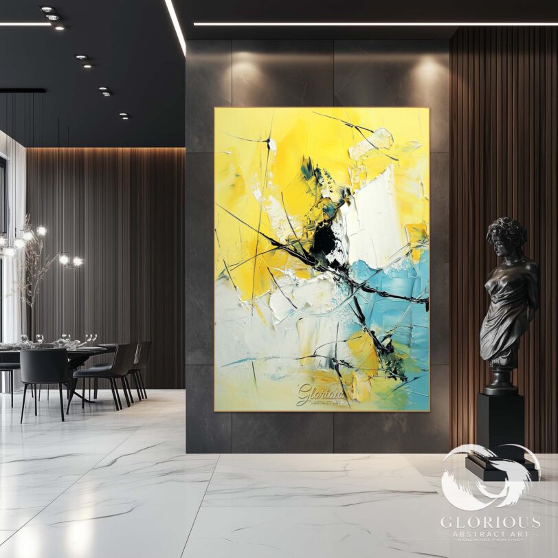 Contemporary abstract painting in yellow and blue for modern home decor.