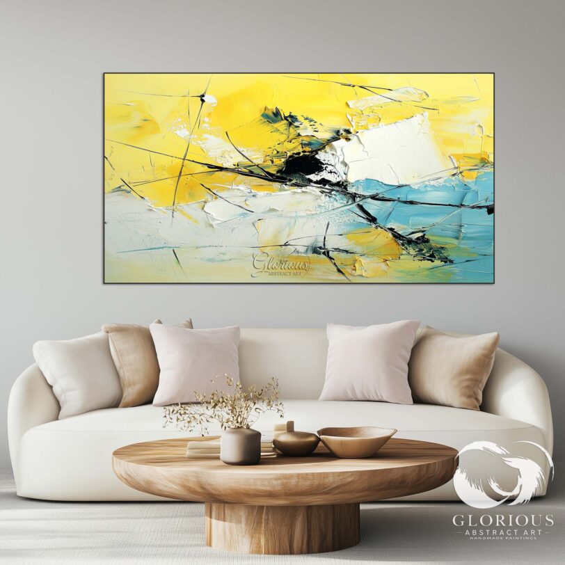 Textured abstract artwork with bold yellow and blue tones for a contemporary space.