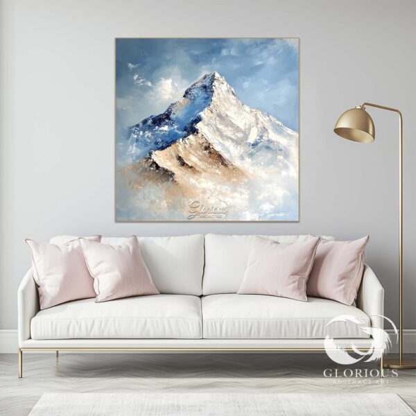 Abstract landscape painting of snow-capped mountains in blue and beige