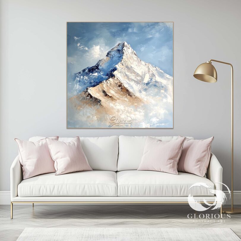 Abstract landscape painting of snow-capped mountains in blue and beige