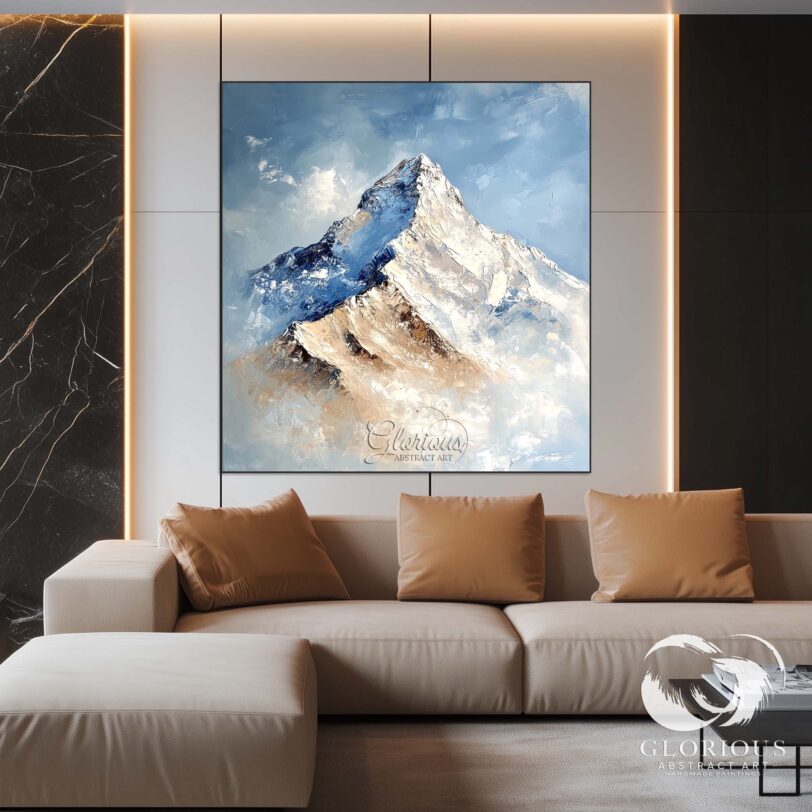 Abstract mountain artwork with snow-capped peaks for living room