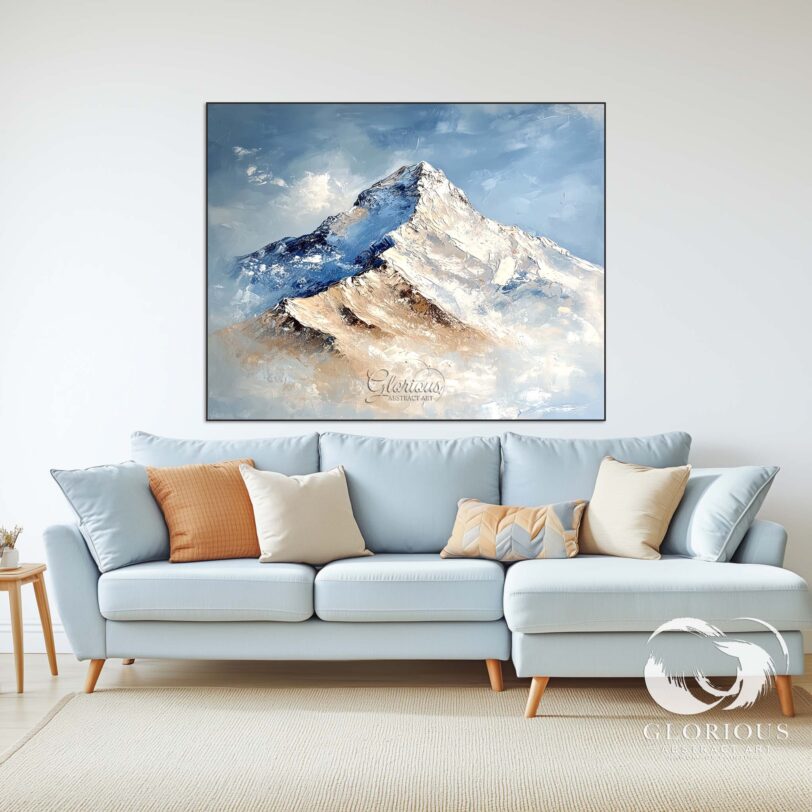 Handmade abstract wall art featuring snow-covered mountain peaks