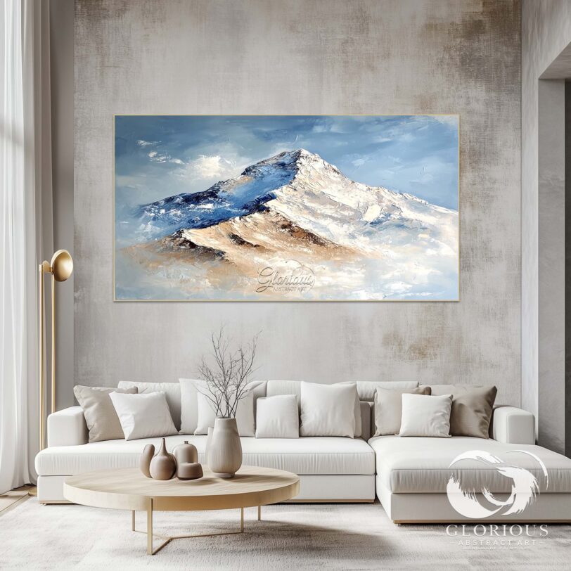 Large handmade painting of serene mountain landscape