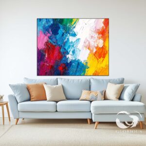 Colorful abstract painting with layered brushstrokes in a bright modern room