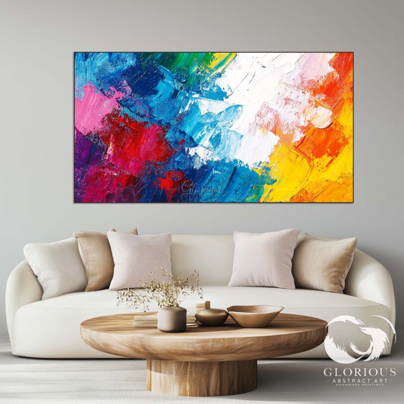 Abstract painting with bold colors and textured brushstrokes, ideal for living room decor.
