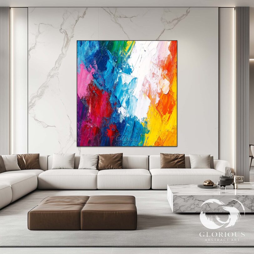 Close-up of a vibrant multicolor abstract painting with textured brushstrokes