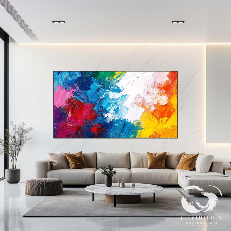 Large abstract painting in bold colors hanging above a beige sofa in a modern living room