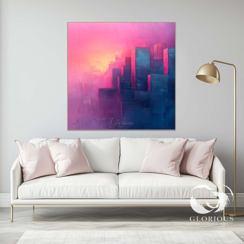 Close-up of a textured abstract cityscape painting in vibrant pink and blue tones.