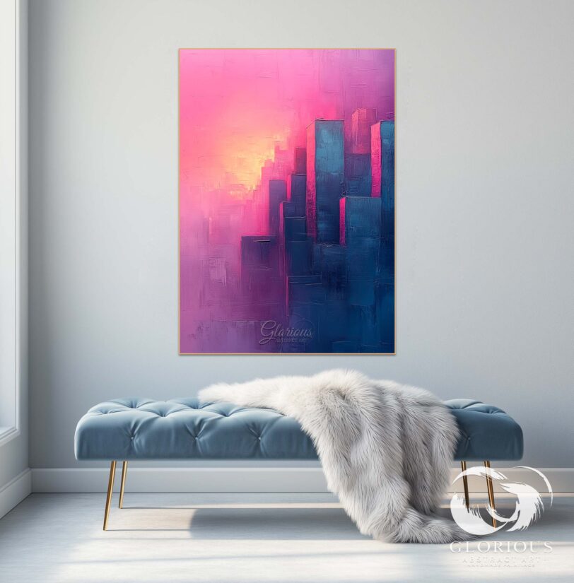 Abstract skyline painting with pink and blue tones, perfect for modern decor.