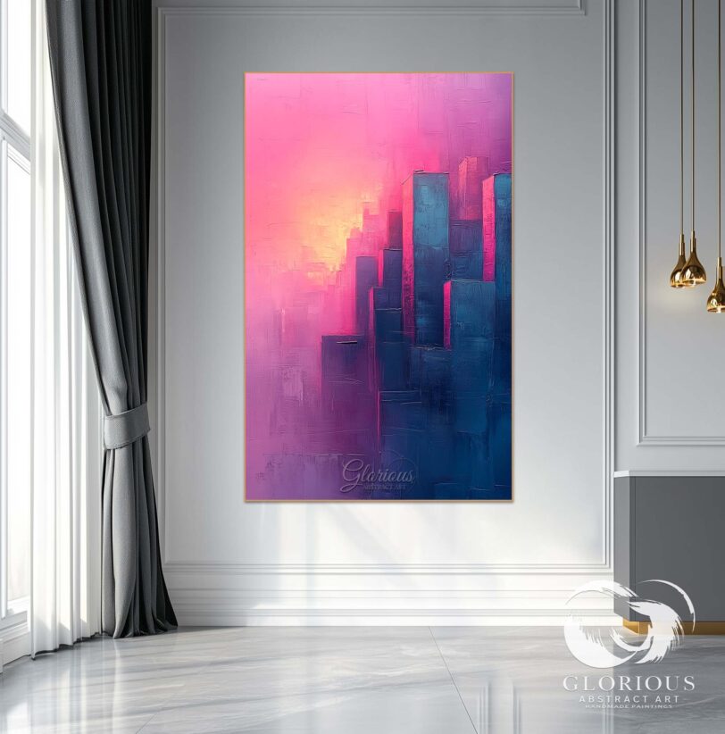 Large abstract skyline painting in pink and blue displayed in a contemporary interior.