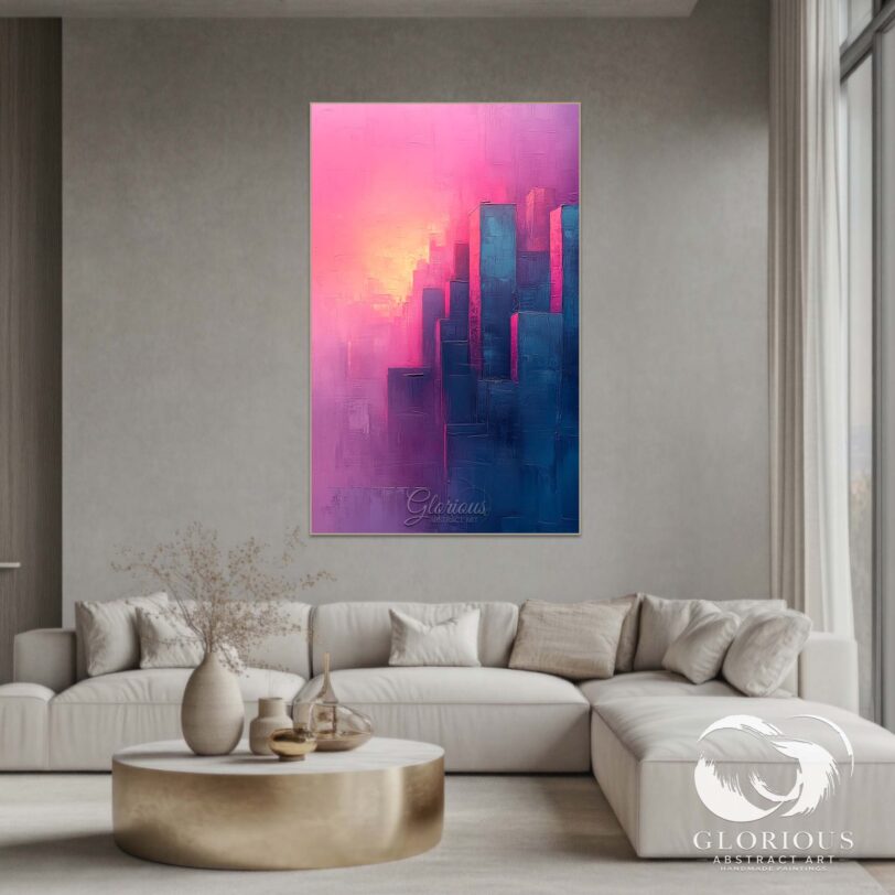Large abstract skyline painting in pink and blue displayed in a modern living room.