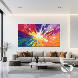 Large abstract wall art with purple, orange, and yellow color explosion