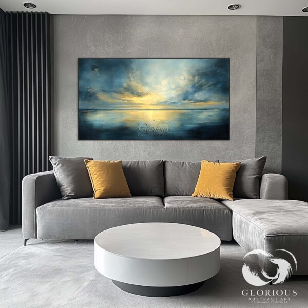 Blue and gold impasto seascape painting