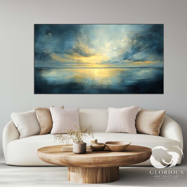 Serene abstract painting featuring sunset reflection