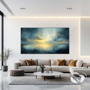 Modern coastal wall art in blue and gold tones