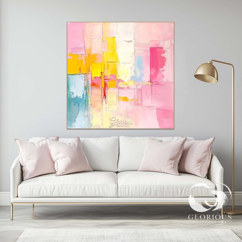 Close-up of vibrant pink and yellow abstract painting with bold textured brushstrokes.