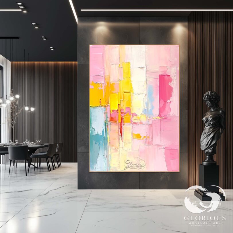 Vibrant abstract art with a mix of pink, yellow, and blue tones, designed for modern decor.