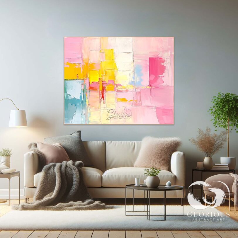 Abstract painting featuring textured layers of pink and yellow with a modern feel.