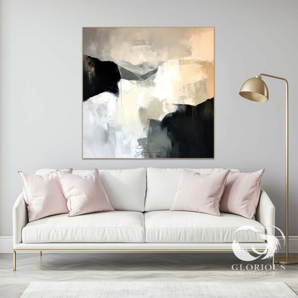 Black and white abstract painting on large canvas with textured brushstrokes.