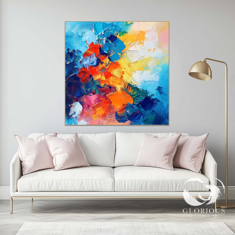 Vibrant blue and orange abstract painting with bold brushstrokes