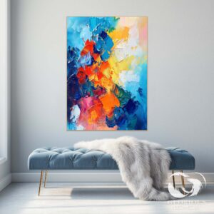 Blue and orange abstract painting displayed in a modern living room.