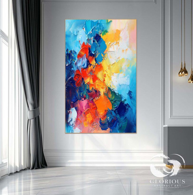 Large blue and orange abstract painting displayed in a minimalist room
