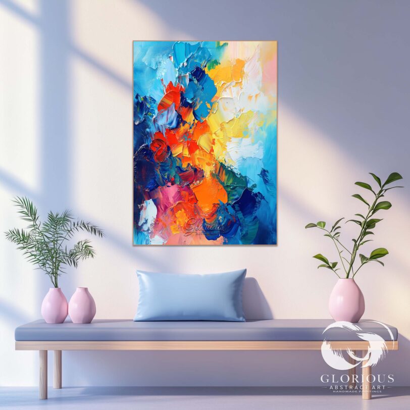 Large abstract art with textured blue and orange brushstrokes.