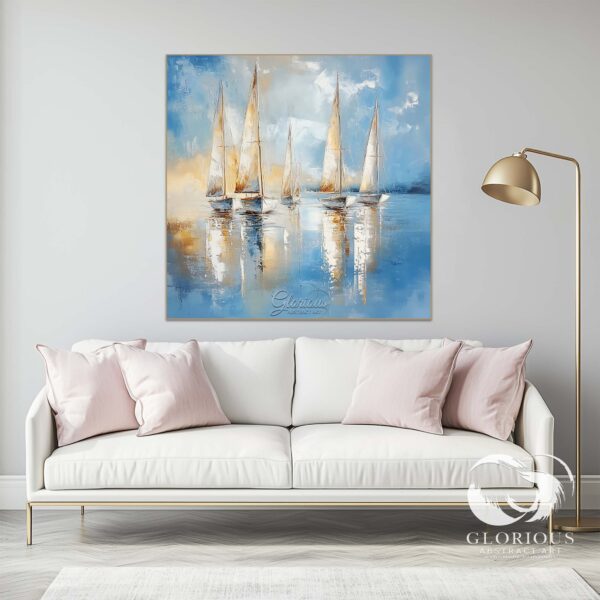 Large abstract sailboat painting in blue and gold tones.