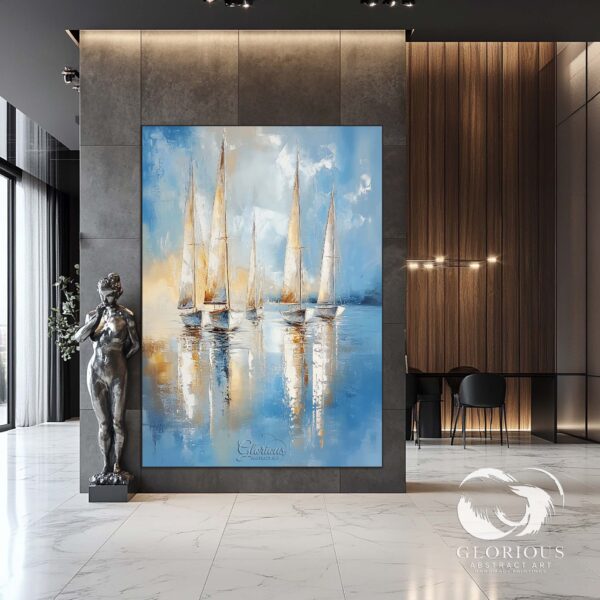 Abstract boat painting in blue and gold, perfect for coastal home decor.