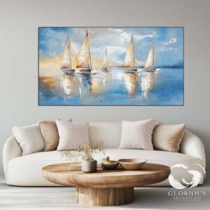 Serene abstract sailboat painting for living room decor.