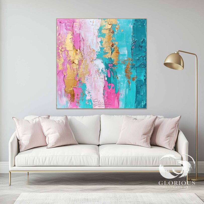 Handmade abstract impasto painting with turquoise and pink