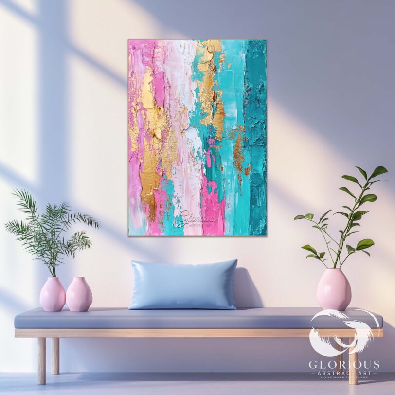 Large gold leaf abstract wall art in vibrant colors