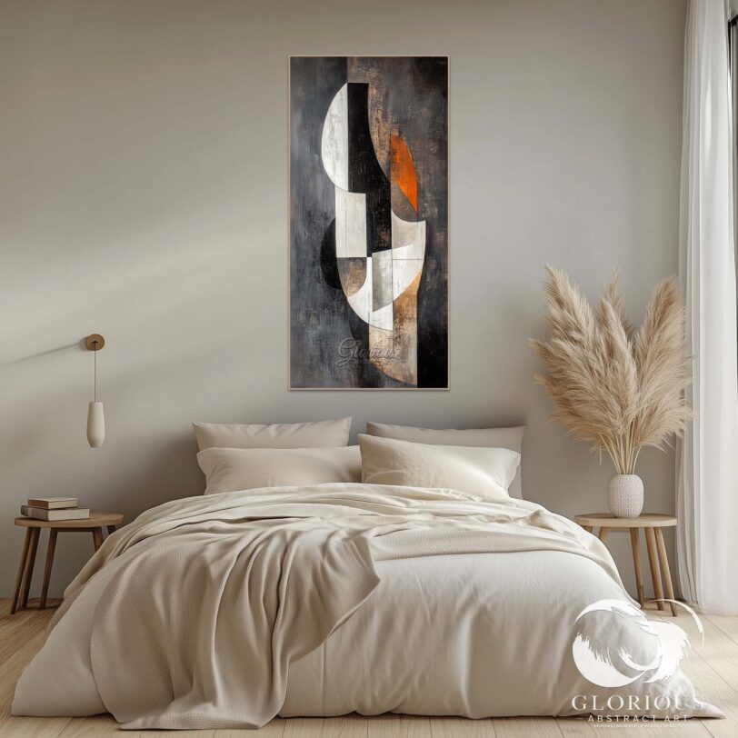 Detailed view of textured brushstrokes on a black and white geometric abstract painting.