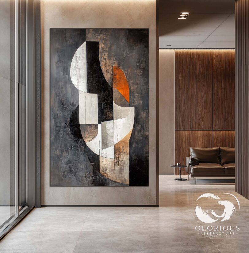 Neutral-toned abstract geometric painting with bold shapes, adding sophistication to contemporary spaces.