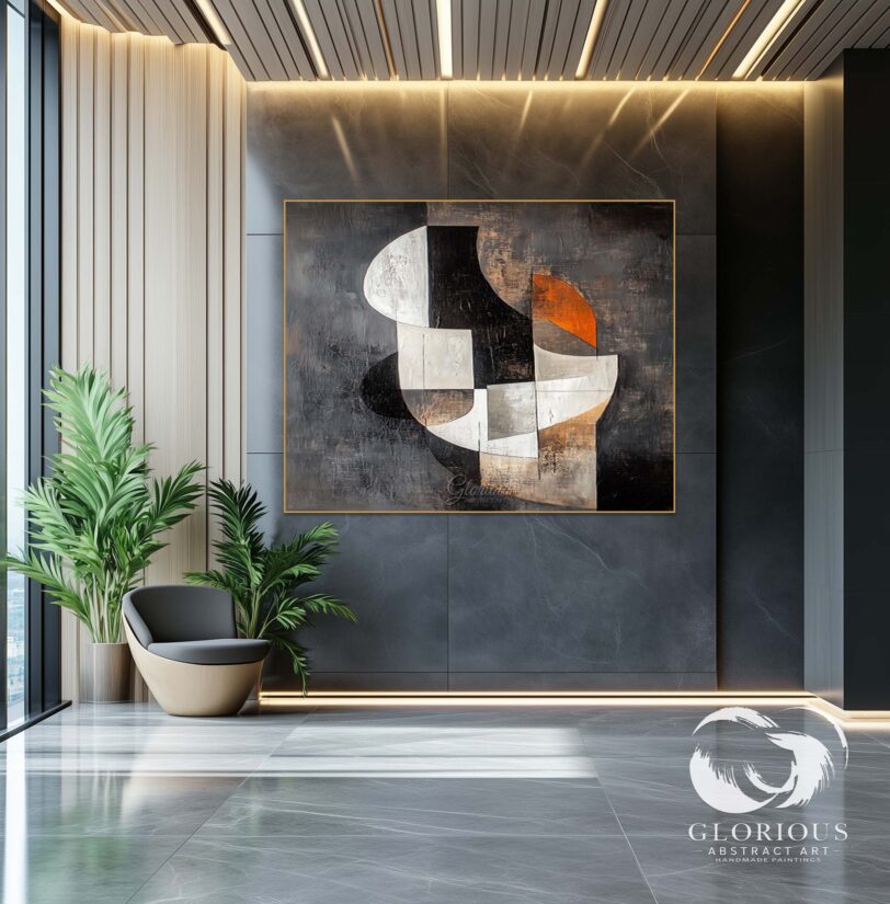 Black and white geometric abstract painting with textured brushstrokes for a minimalist decor aesthetic.