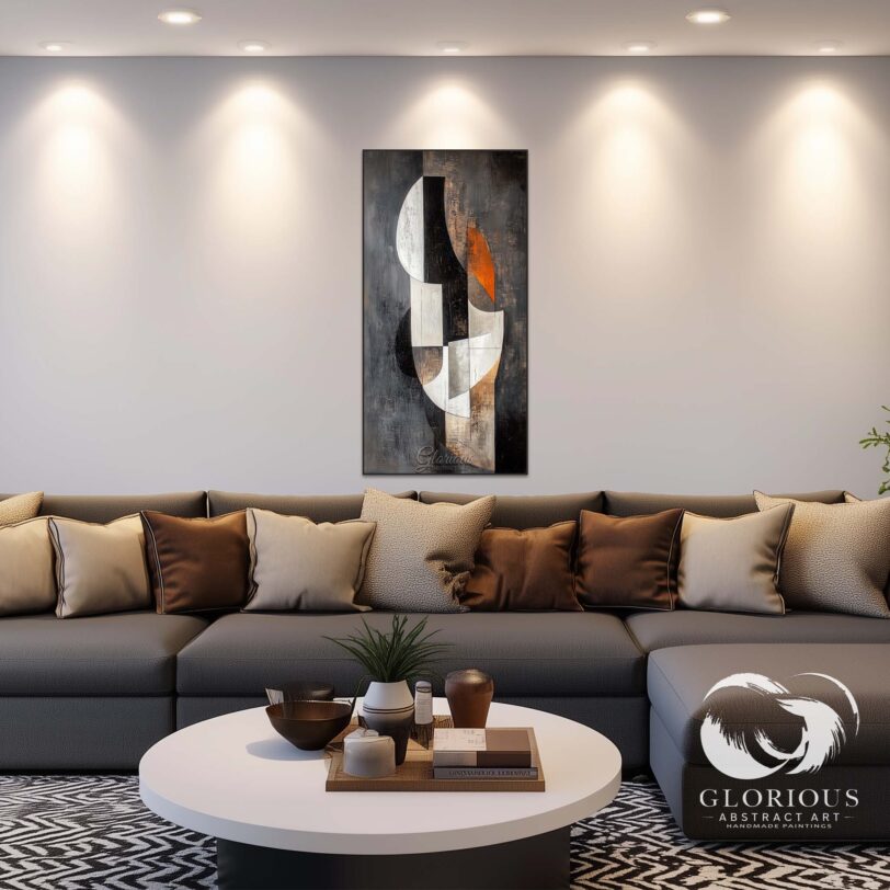 Close-up of geometric abstract painting with black, white, and earthy tones