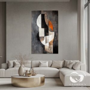 Abstract geometric painting above a light blue sofa in a minimalist living room