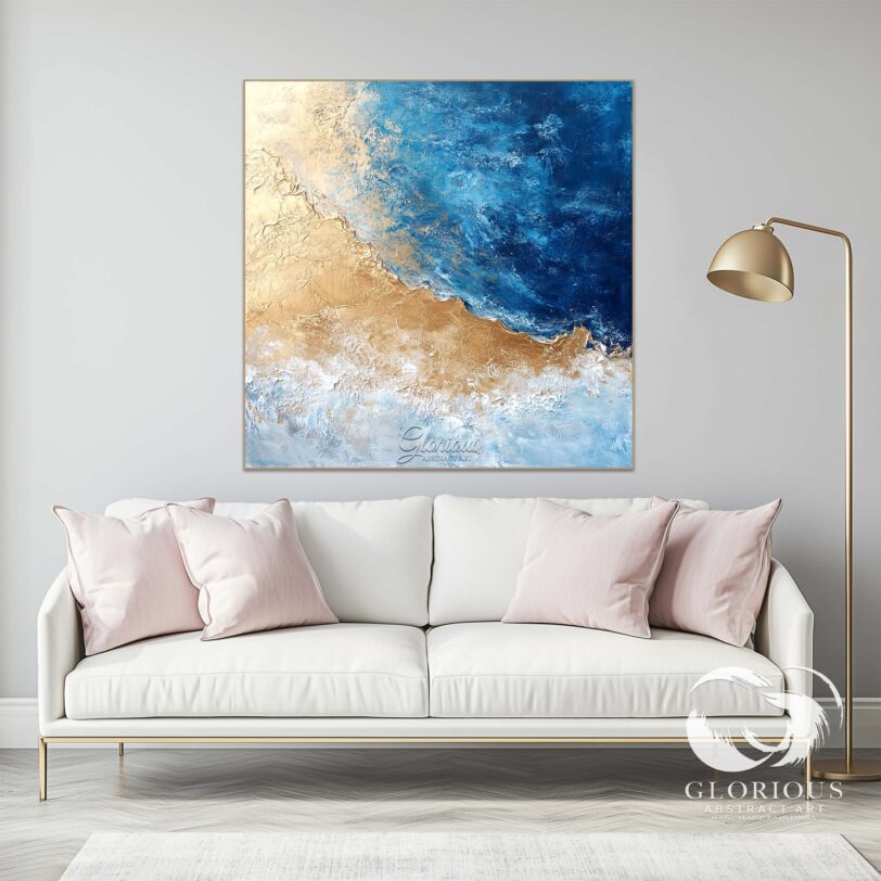 Textured blue and gold abstract canvas with coastal colors.