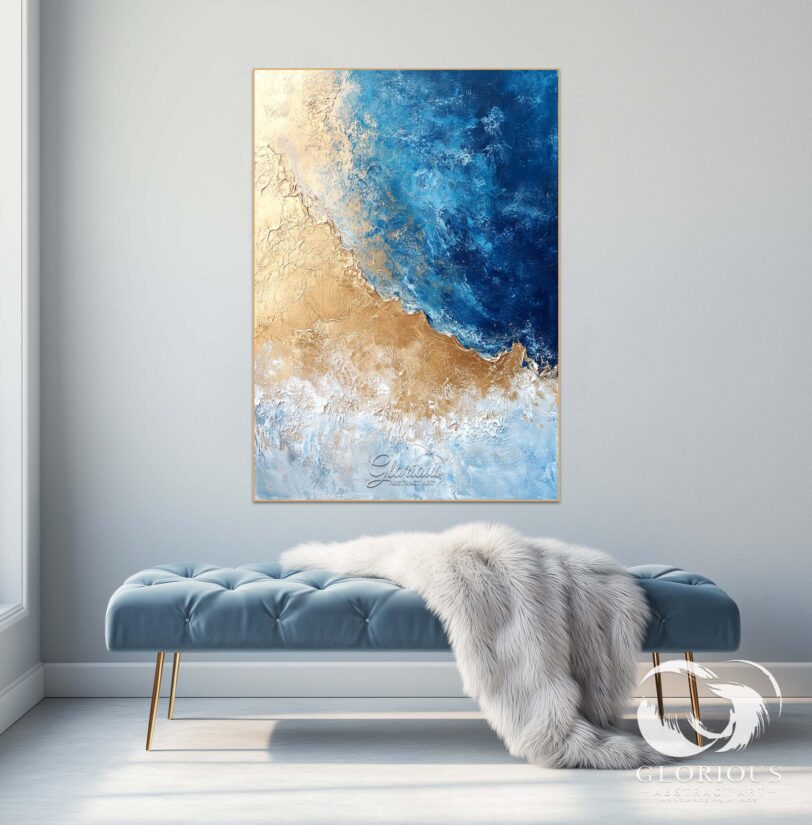 Detail of textured brushstrokes in blue and gold abstract painting